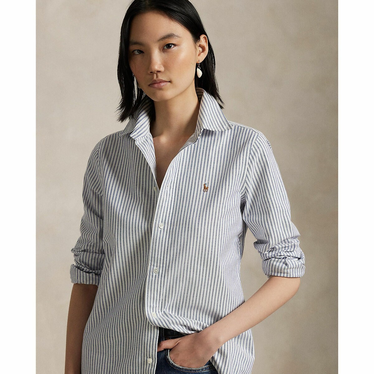 POLO RALPH LAUREN<br>Camisa Oxford listrada e reta