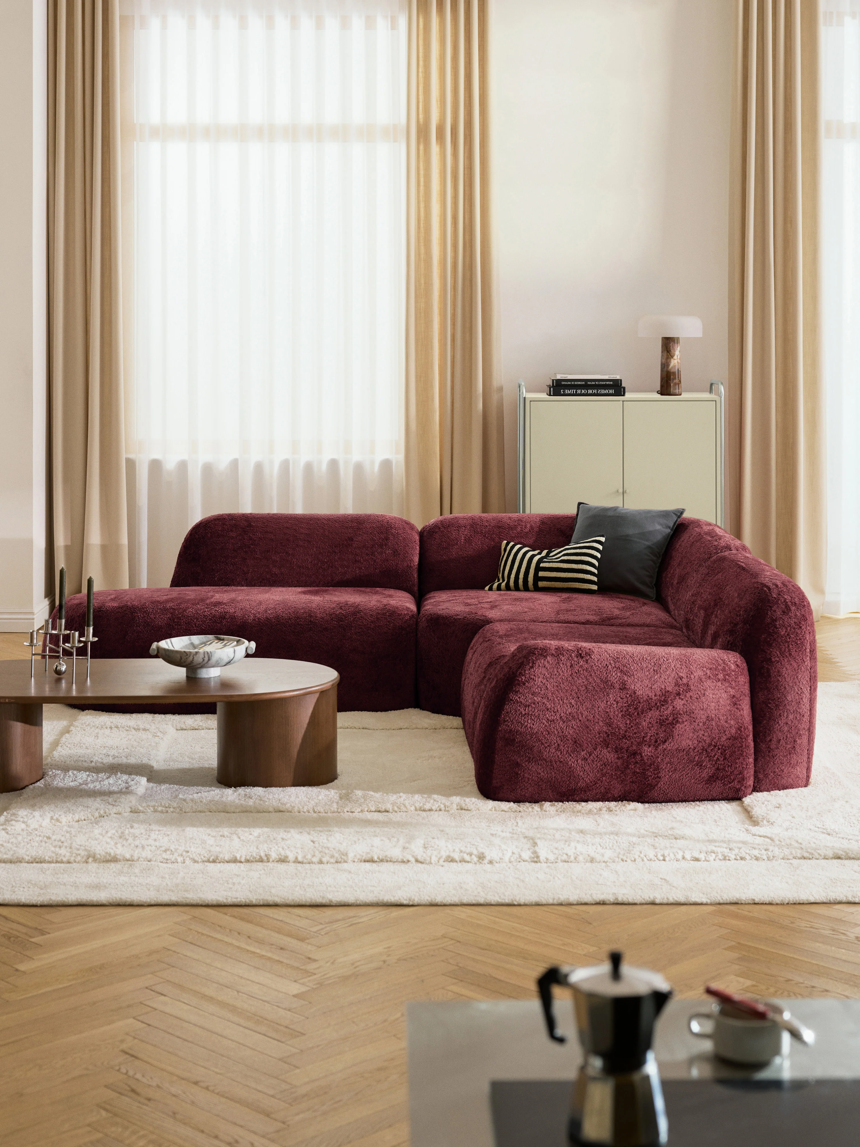 Modulaire teddy-bouclé hoekbank Wolke (4-zits) met chaise longue
