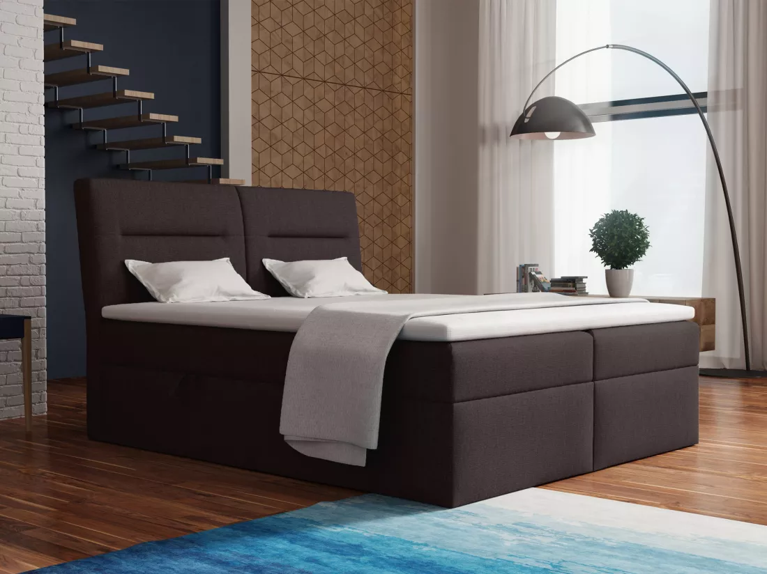 LE LIT BOXSPRING Moderno avec coffres de lit et surmatelas, en tissu Lux 13 (brun foncé), 180x200 cm.