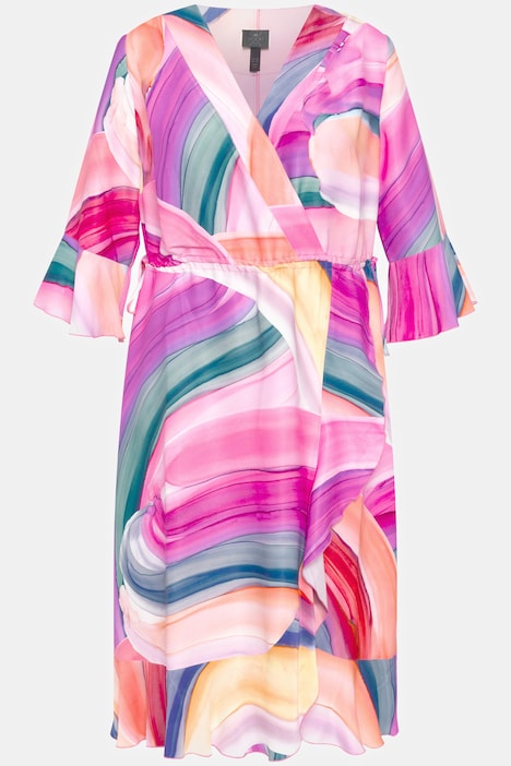 Midikleid, Regenbogen, Volants, V-Ausschnitt, 3/4-Arm