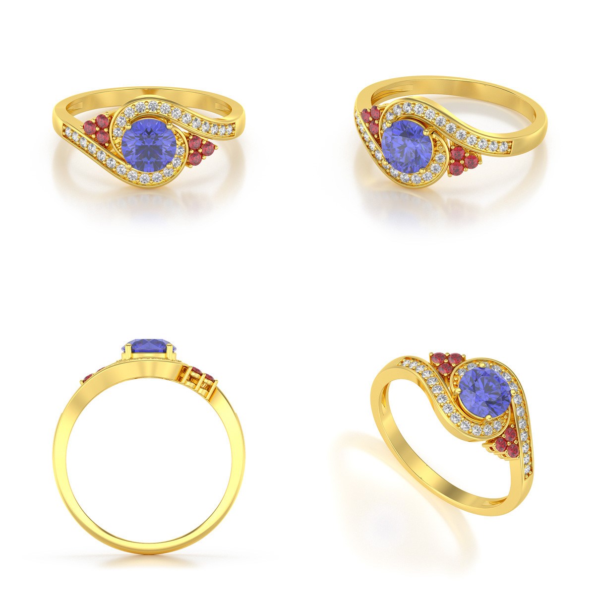 Bague ADEN Or 585 Jaune Tanzanite Rubis et diamants 2.702grs