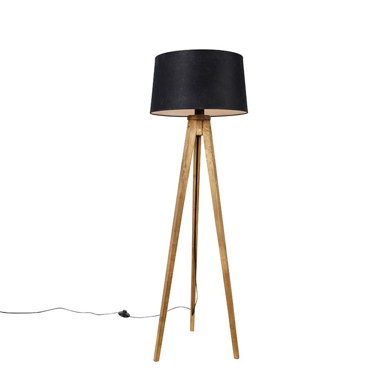 Landelijke tripod vintage hout met linnen kap zwart 45 cm - Tripod Classic