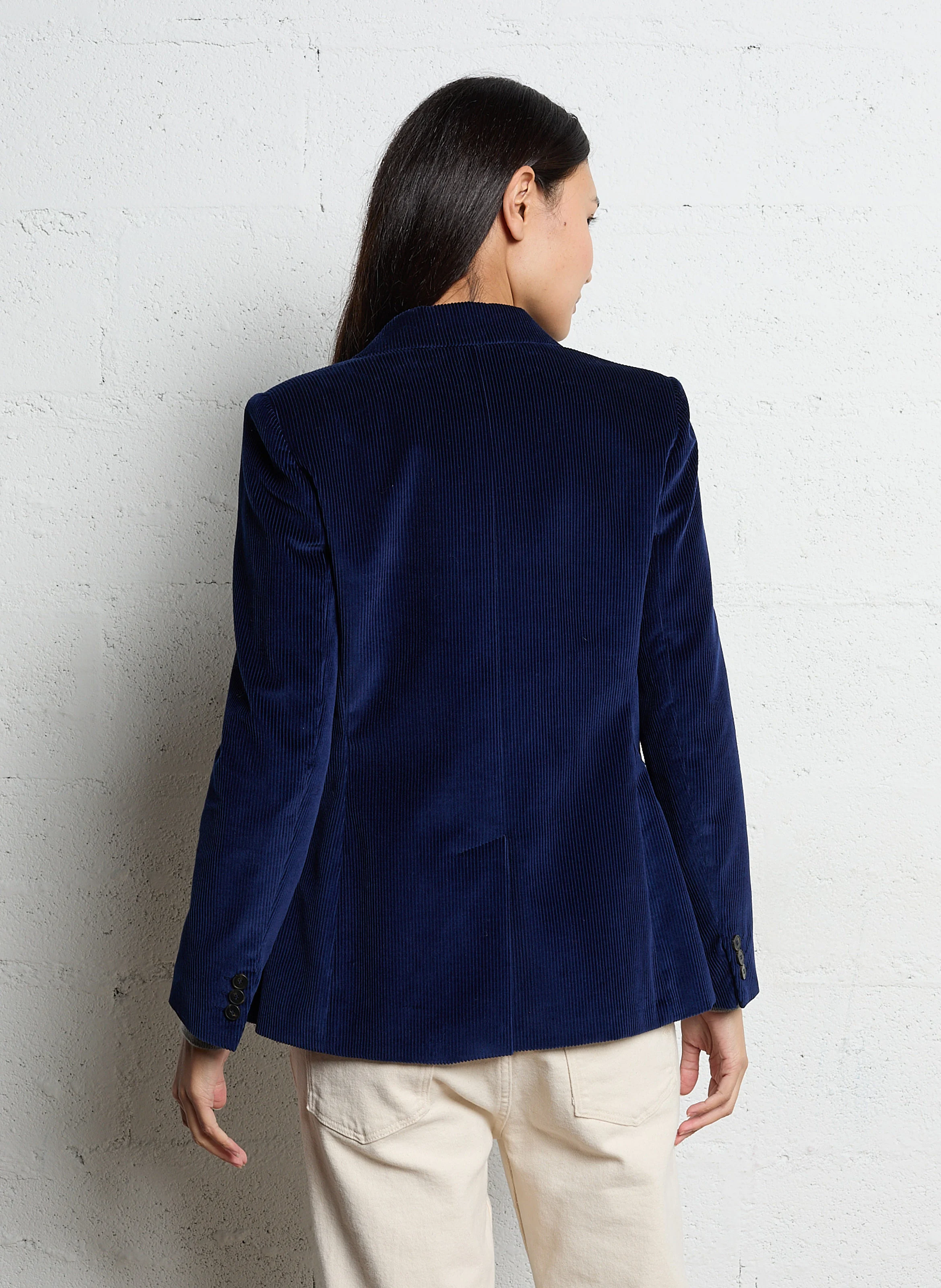 KATANGA - Veste ajustée col tailleur en velours de coton côtelé | Bleu