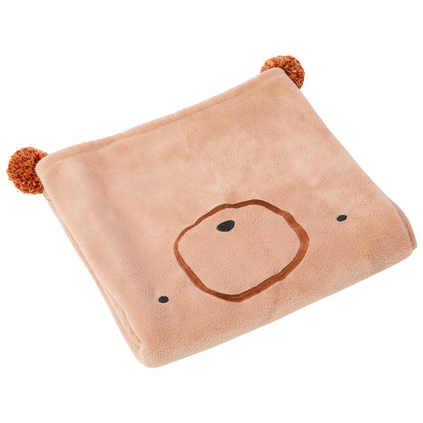 Couverture en sherpa fine motif animal et pompons - Beige