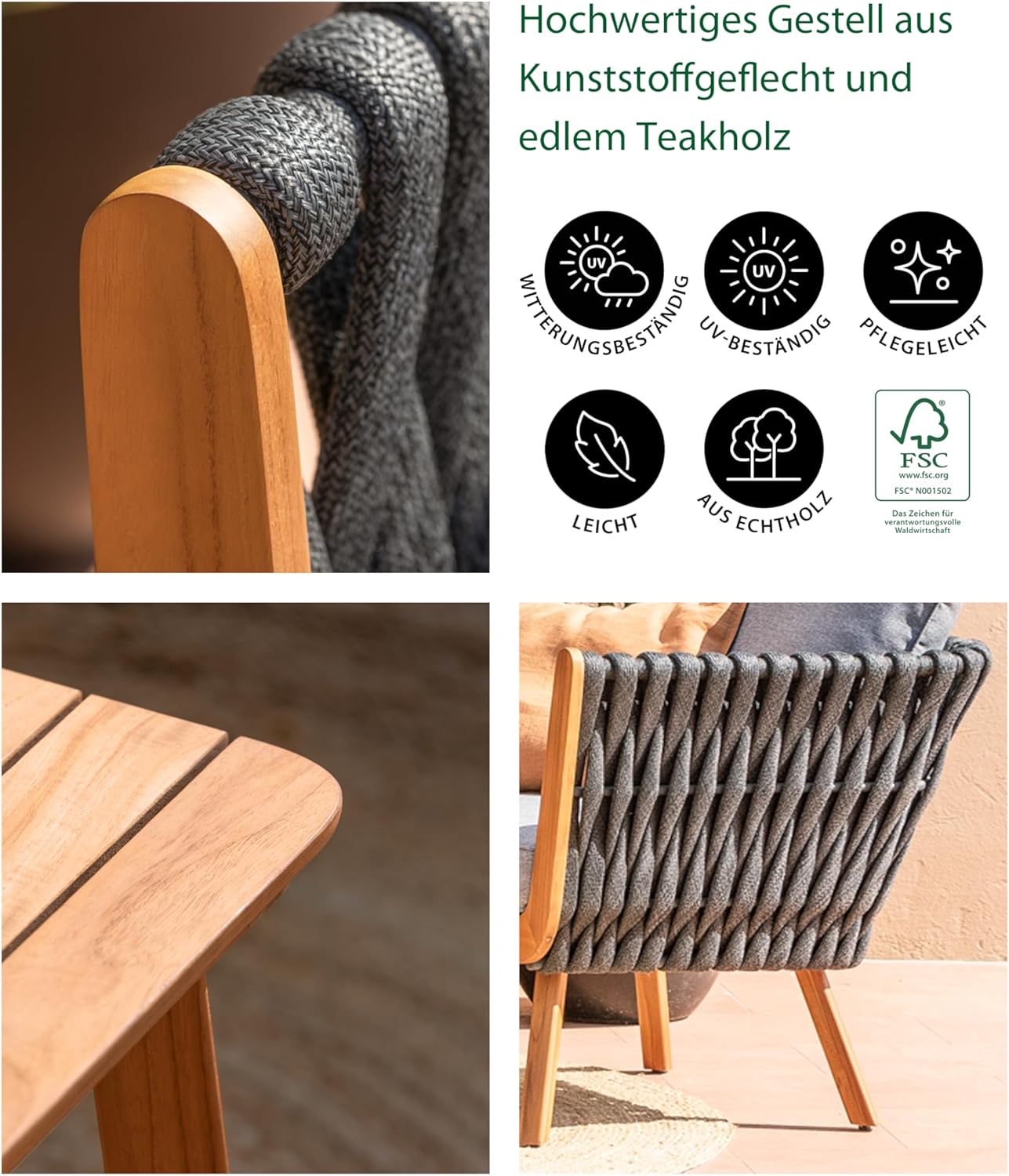 Dehner Garten-Lounge Granada, 4-teilige Outdoor Sitzgruppe, 1x Sofa / 2X Sessel, je inkl. Polster, 1x Tisch, Aluminium/FSC® zertifiziertes Teakholz/Polyester, braun/grau
