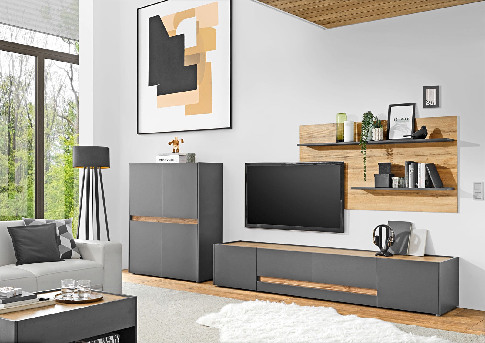 Highboard City Anthrazit matt/Wotan Eiche-Dekor 100x120x40 cm