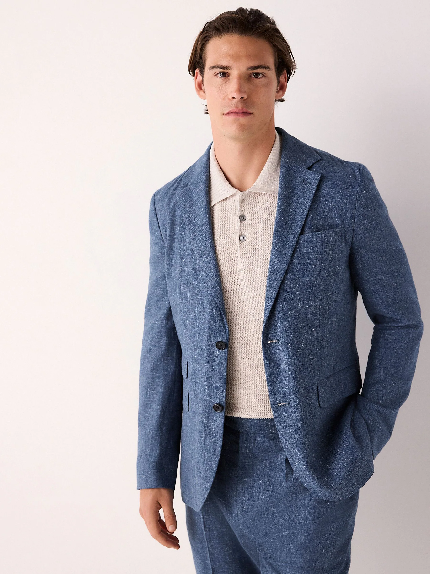 Blauw - Slim-fit kostuum van linnenmix: jasje