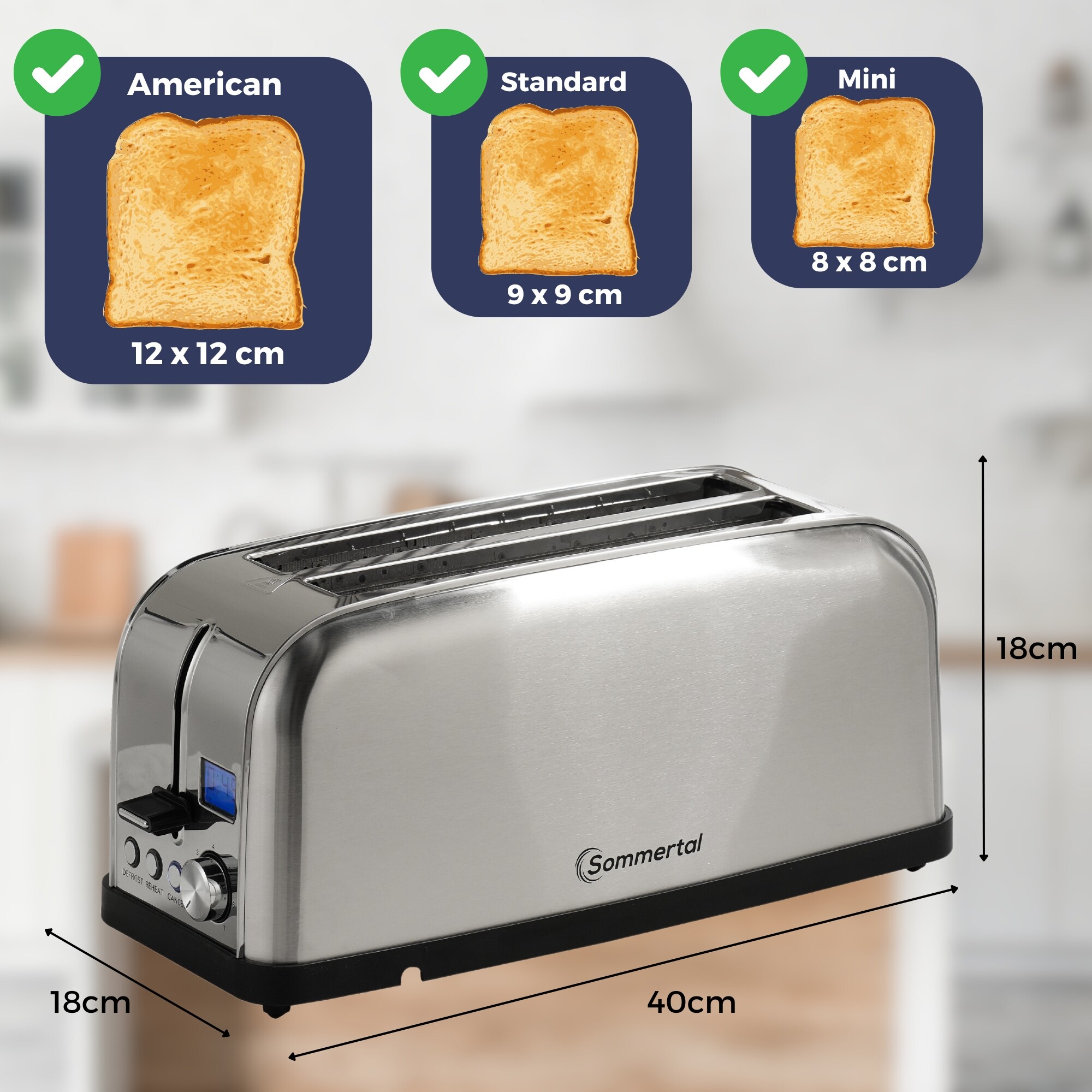 Sommertal Toaster ST1500 XXL, 4 Scheiben mit Brötchenaufsatz, Display mit Timer und Restlaufanzeige, Langschlitztoaster Restlaufzeit, Retro Design Langschlitz Edelstahl 1500W