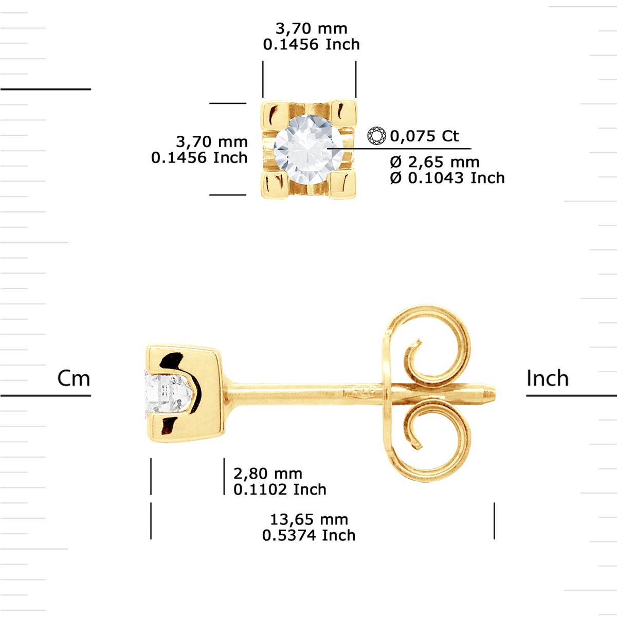 Boucles d'Oreilles Solitaires Diamants 0,15 Cts Or Jaune 18 Carats