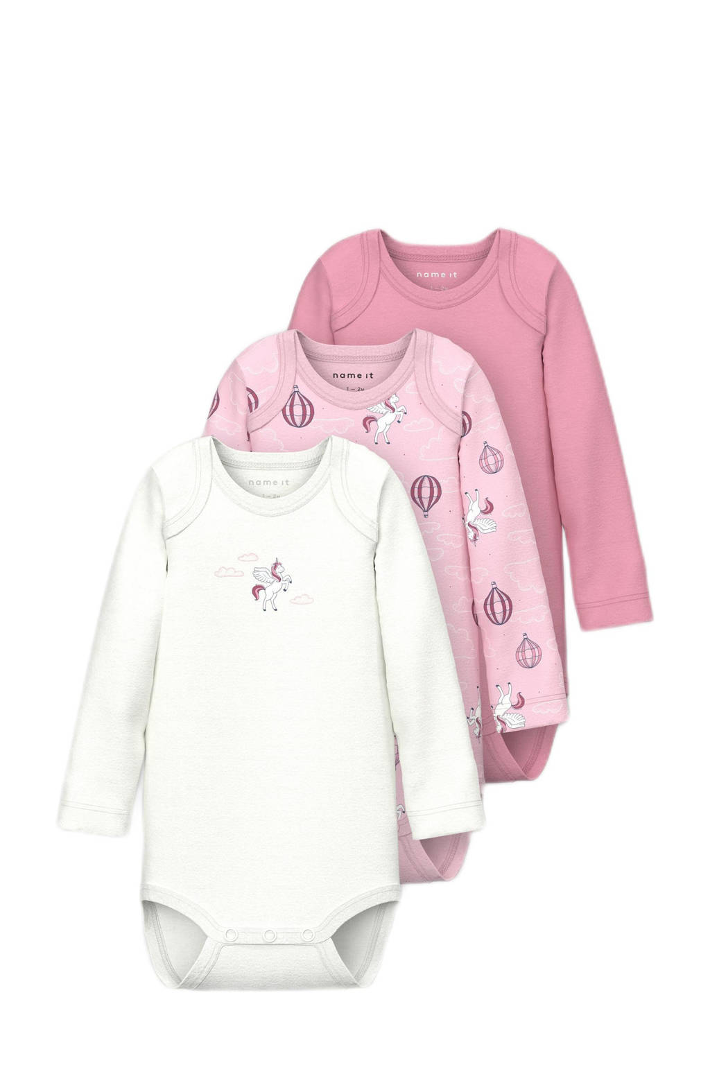 NAME IT romper NBFBODY - set van 3 unicorn roze/wit