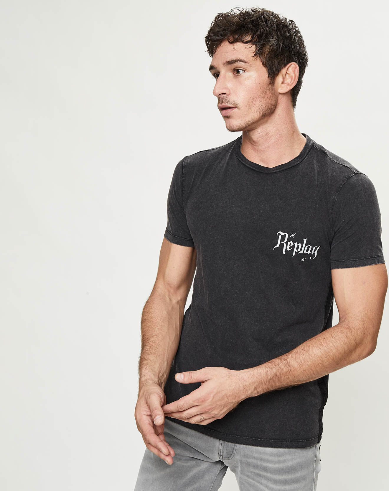 Replay T-Shirt Logo Chest Motard noir délavé