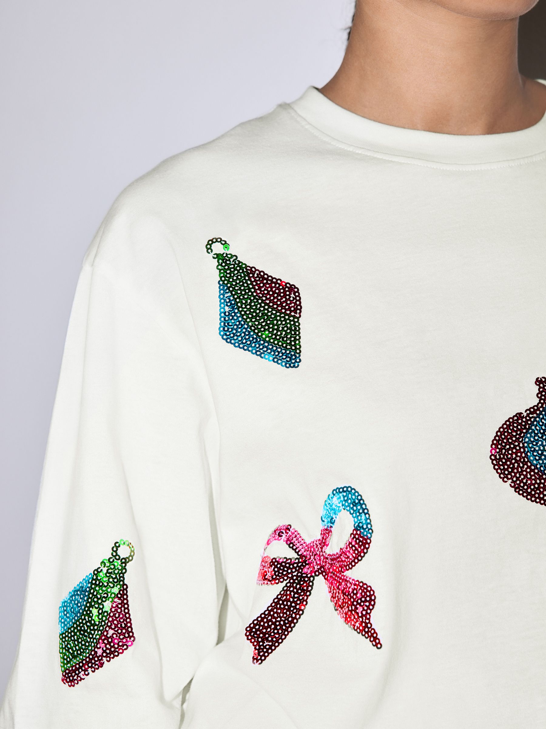 Ecru - Kerstmis T-shirt met feestelijke pailletten en Korte mouwen
