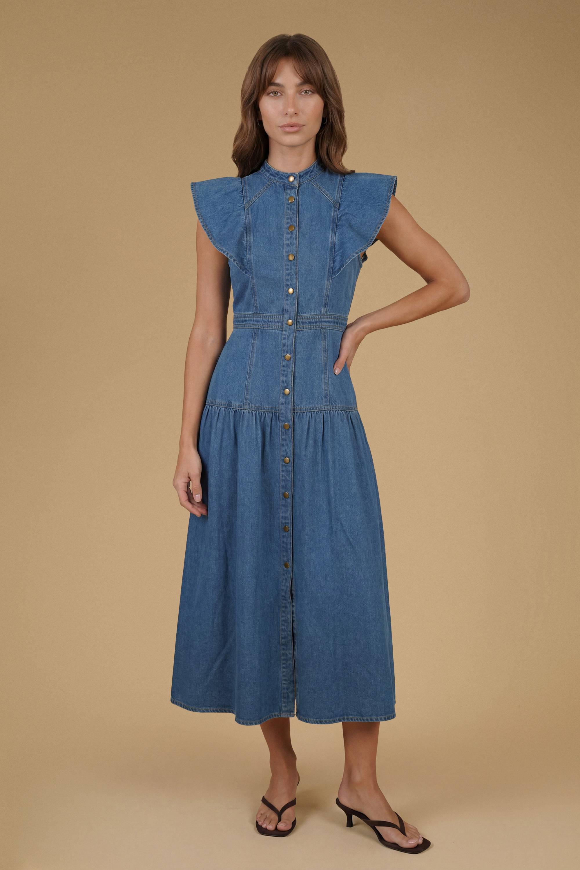 Oasis Robe Midi En Denim À Volants