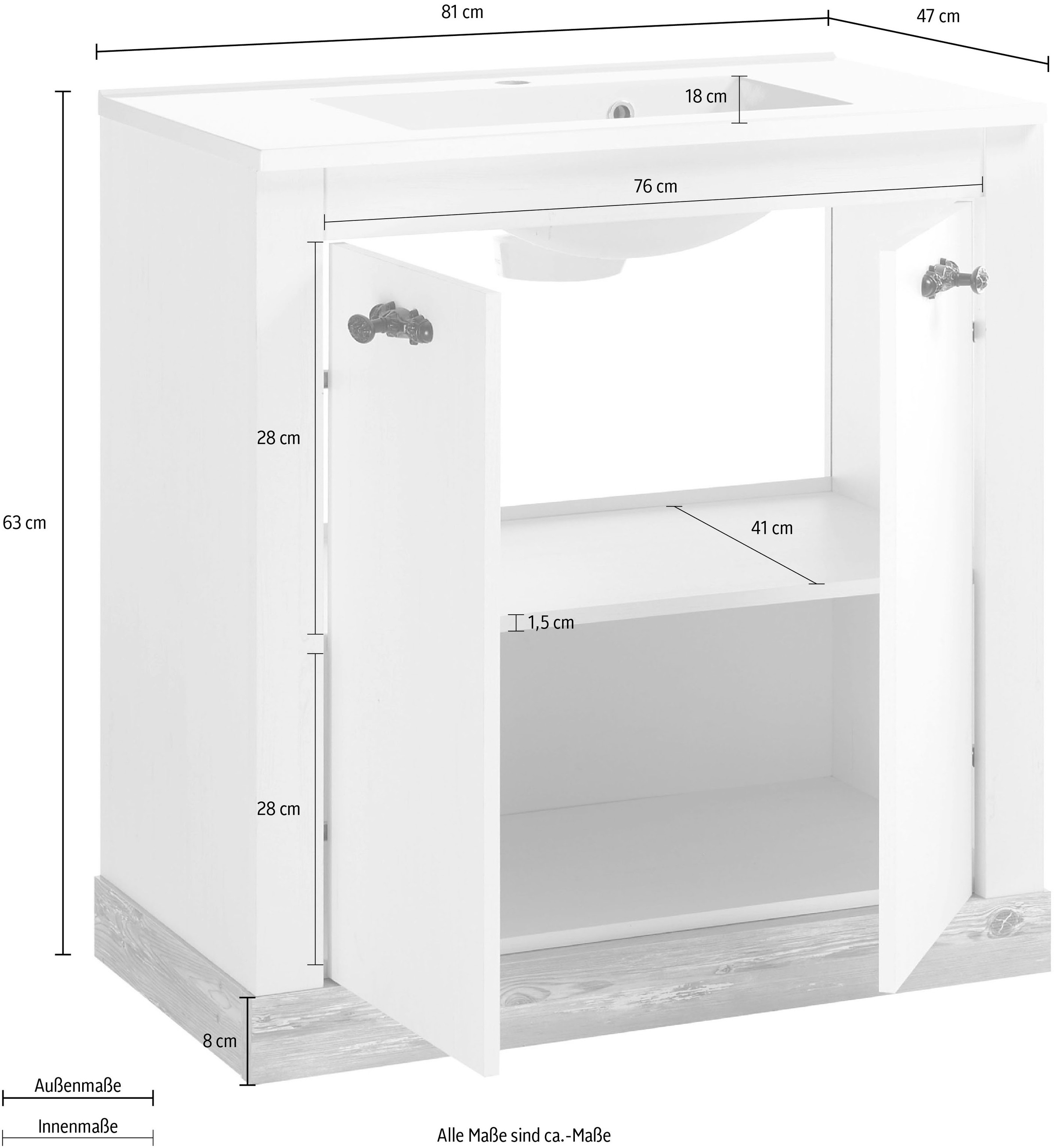 Home affaire Waschtisch »Florenz, Waschbeckenunterschrank inkl. Waschbecken, Metallgriffe« in Pinie Weiss, stehend, Breite 82 cm, inkl. Mineralgussbecken