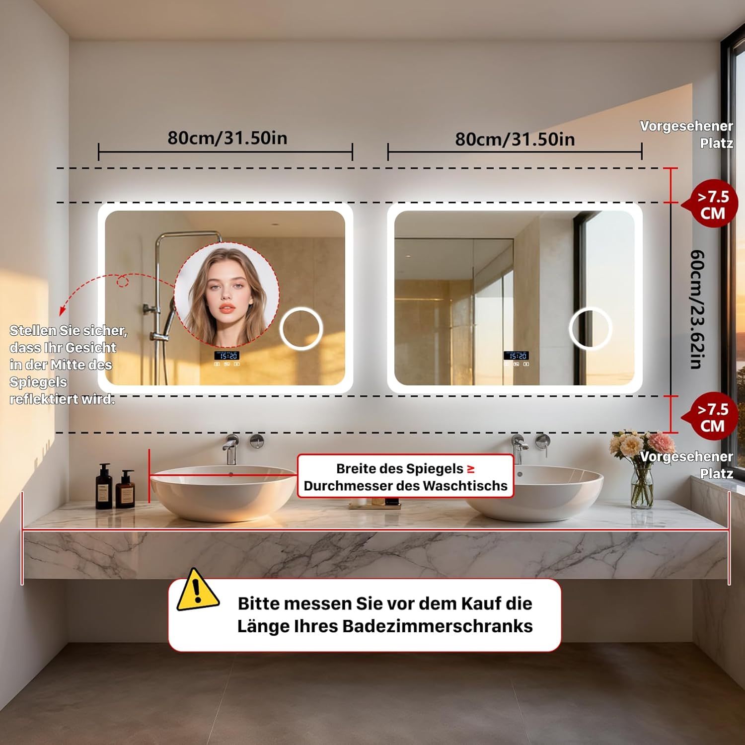 LUVODI Badspiegel mit Beleuchtung Bluetooth: 80x60cm Led Spiegel mit 3-Fach Schminkspiegel und Uhr, 3 Lichtfarbe Einstellbare Badezimmerspiegel Beschlagfrei Speicherfunktion, Wandspiegel