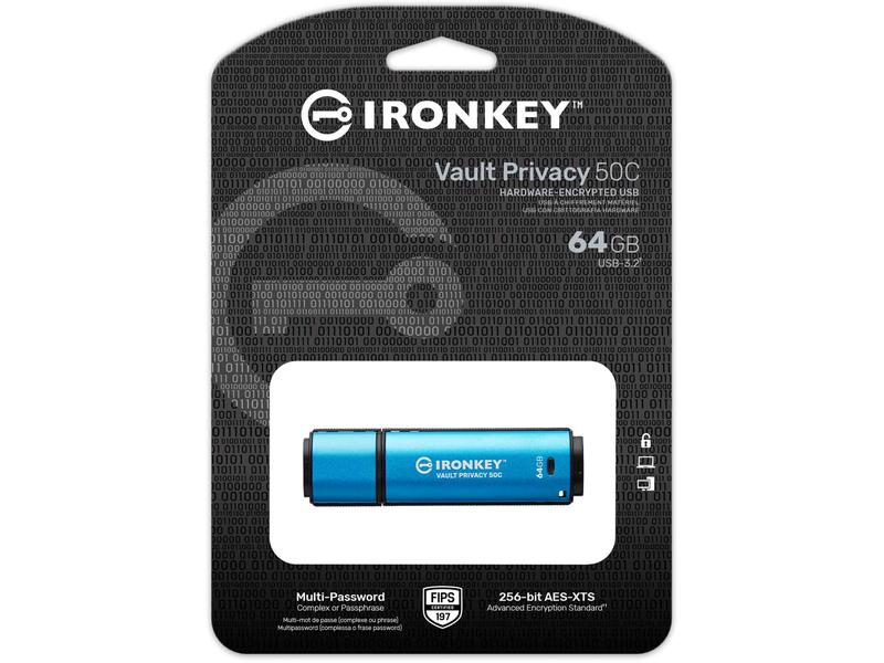 Kingston USB-Stick IronKey Vault Privacy 50C 64 GB XTS-AES 256-Bit verschlüsselter USB-Stick mit 64 GB Speicherkapazität