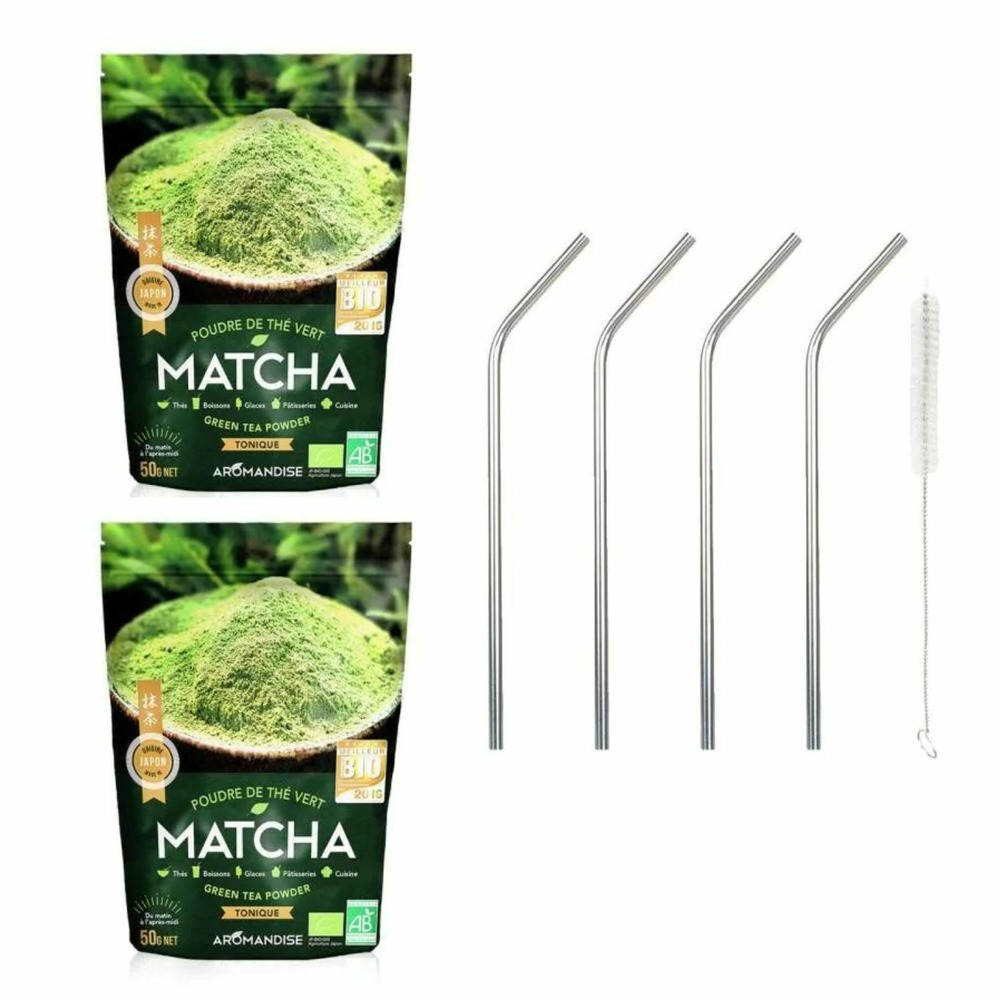 Thé vert bio matcha en poudre 100 g + 4 pailles en inox