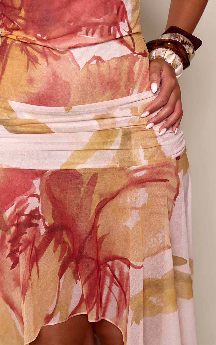 Orange Robe Mi-longue Ajustée À Col Bénitier Drapé, Motif Floral Pelure D'oignon Et Ourlet À Volant