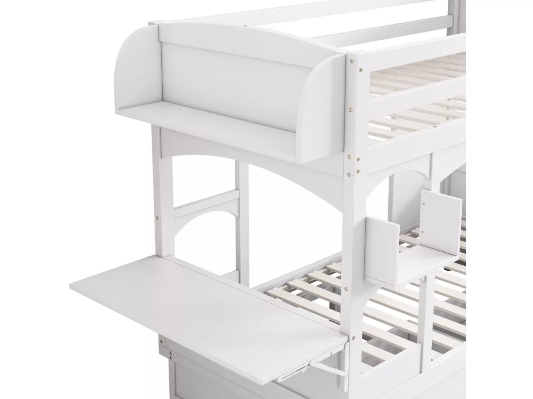 Lit superposé blanc pour enfants 90*200, en bois massif, avec table pliante et étagère, avec échelle et 2 tiroirs, sans matelas