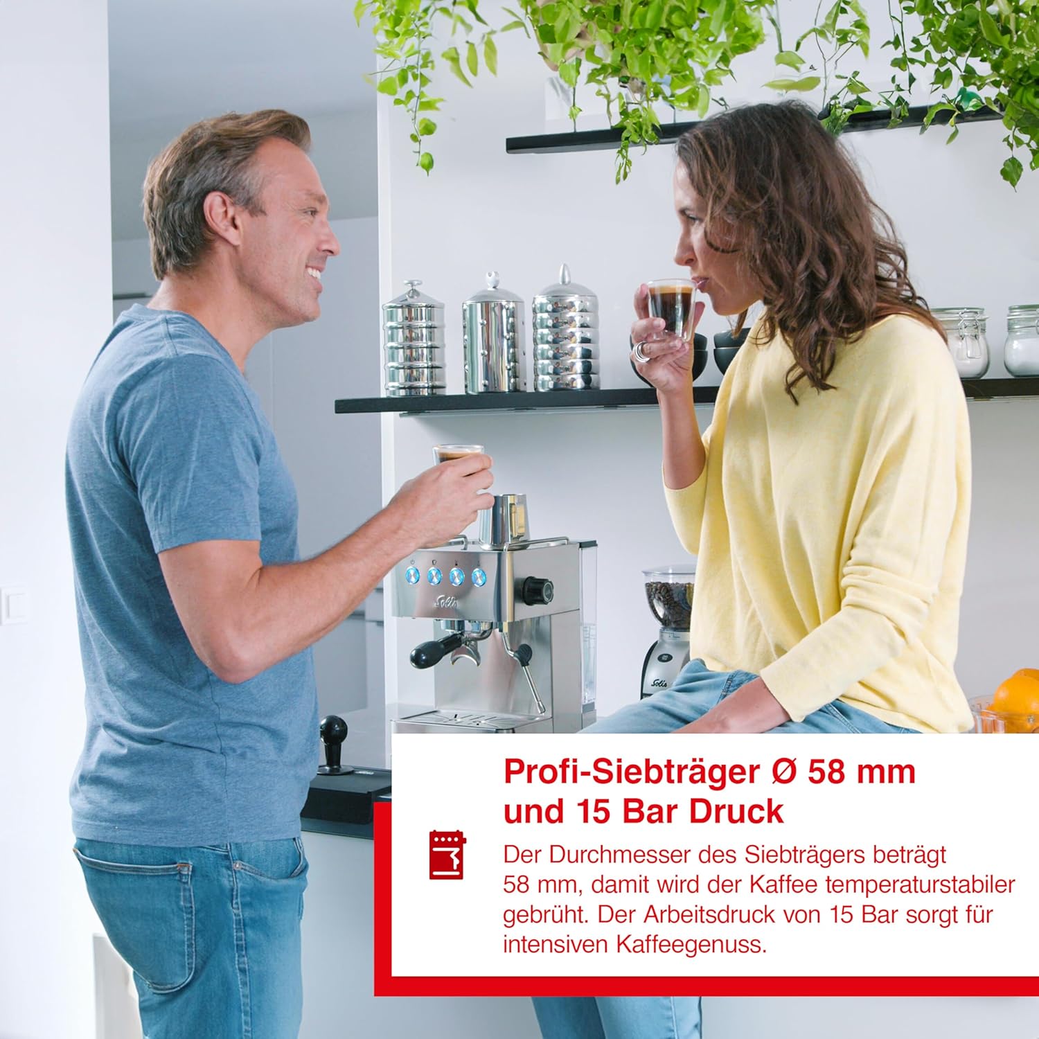 Solis Barista Gran Gusto Espressomaschine, Kaffeemaschine mit abnehmbaren Wassertank, Halbautomatische Siebträgermaschine mit 58 mm Profi-Siebhalter, Heißwasser- und Dampffunktion, Edelstahl, silber