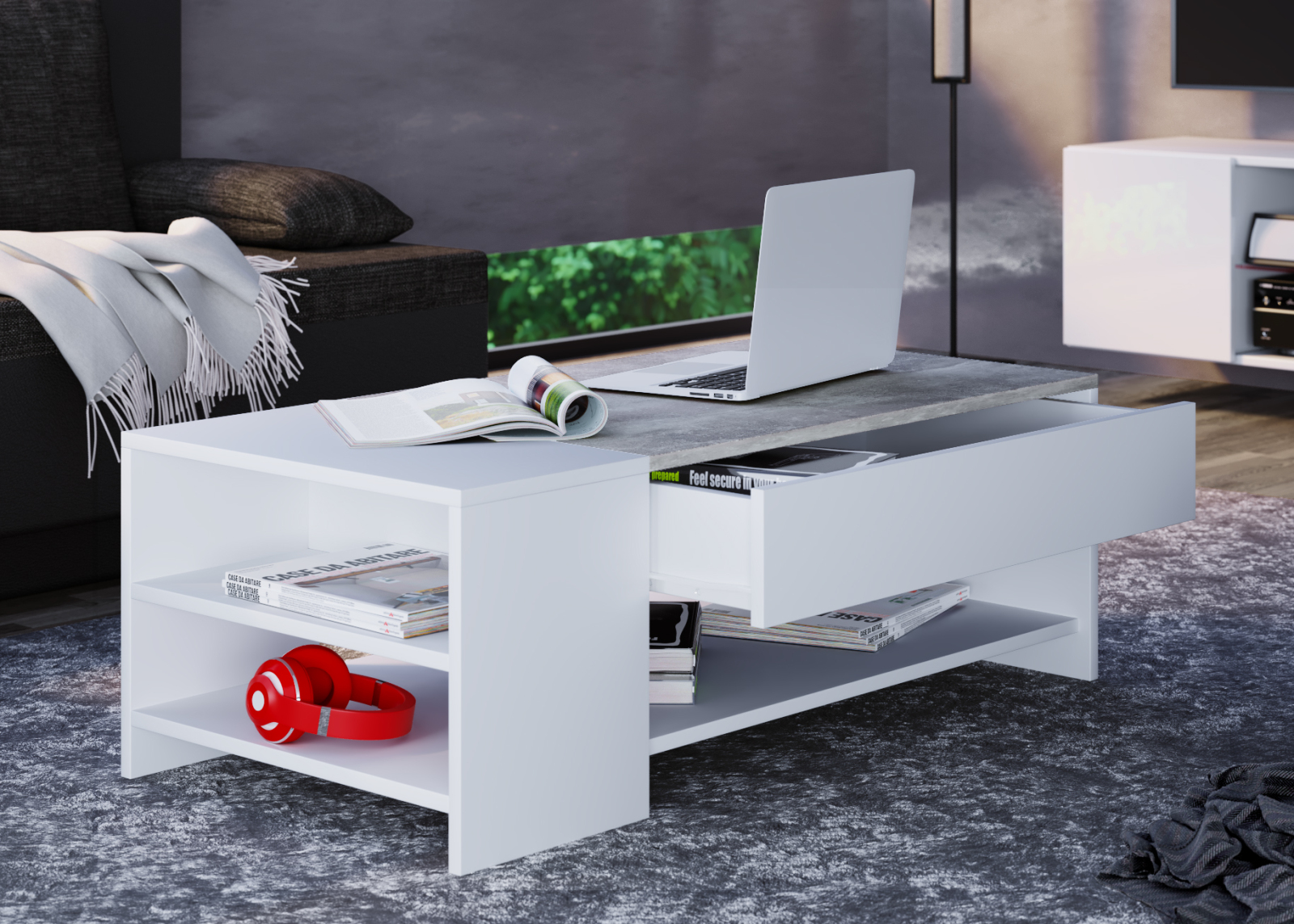 Couchtisch TINDUS - weiß-Beton-Optik - mit Schublade