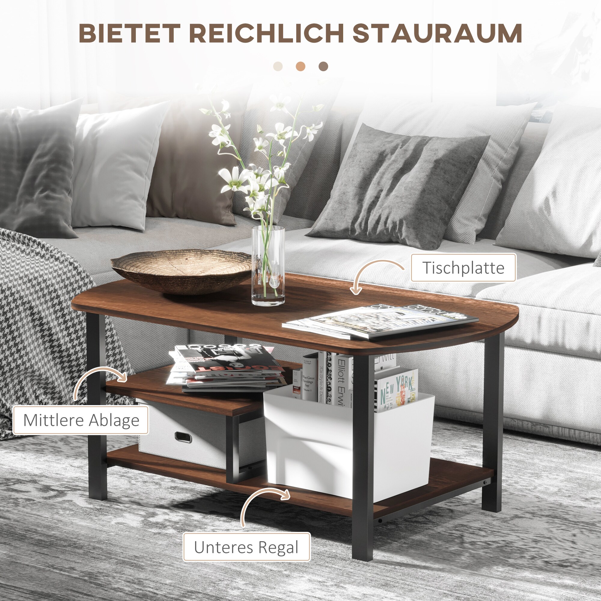 HOMCOM Couchtisch im industriellen Stil braun 100 x 60 x 46 cm (BxTxH)