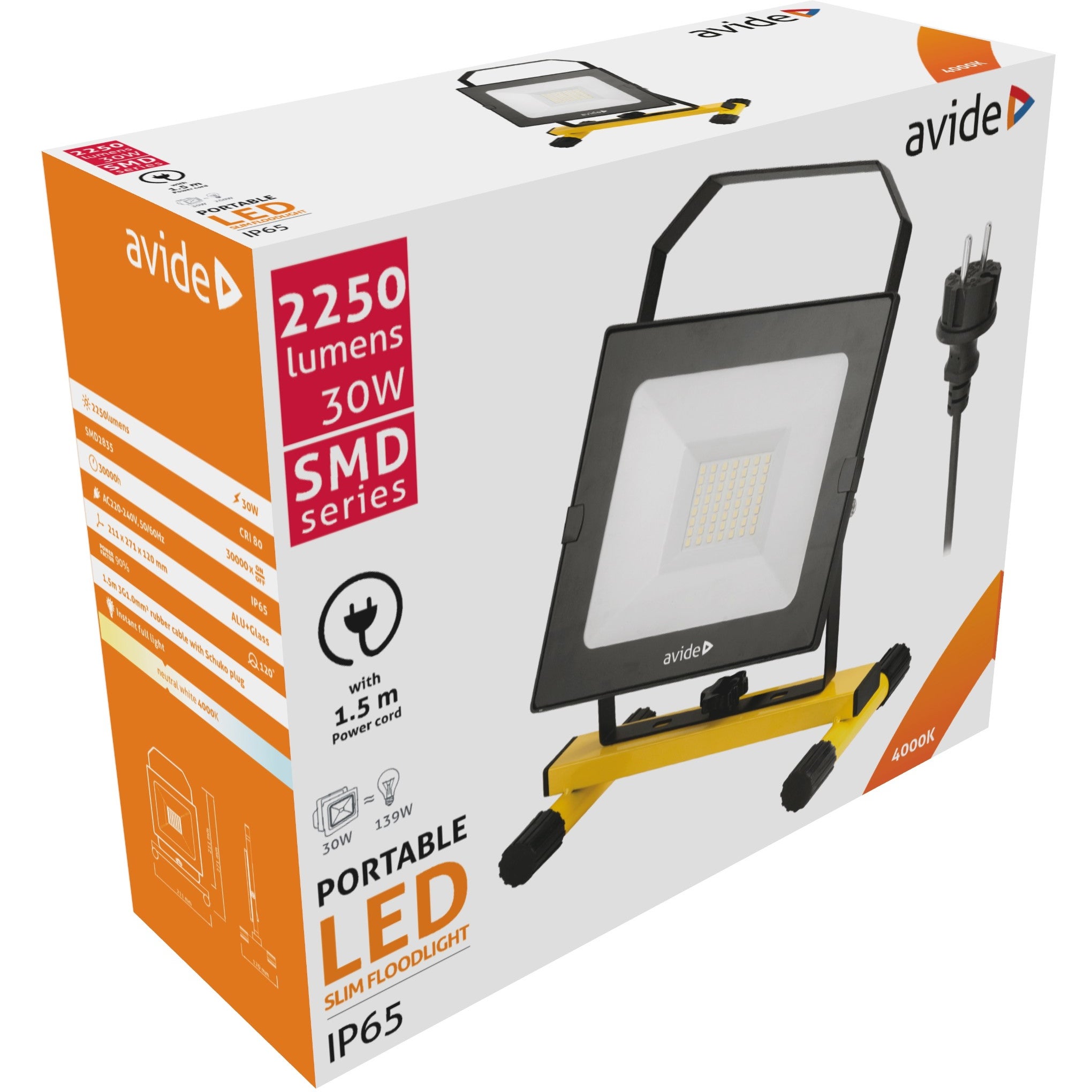 Avide LED Flood Light Slim SMD 30W 1.5M NW 4000K met standaard