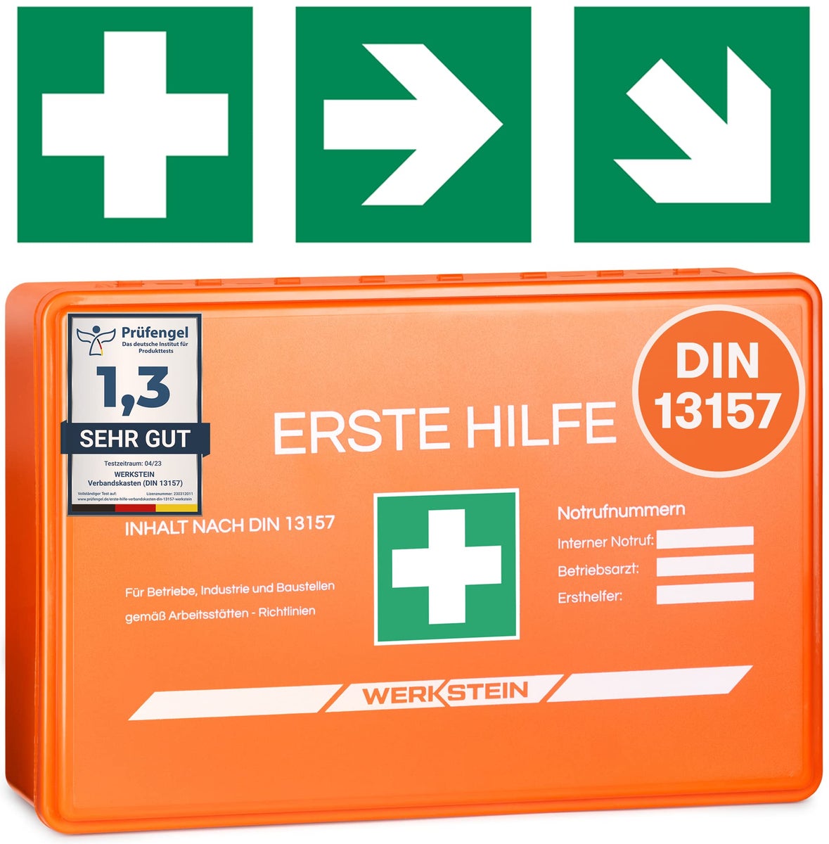EHBO-doos DIN 13157:2021 Klein - Incl. praktische wandhouder, 3x stickers, mondkapjes & vochtige doekjes - EHBO-doos DIN 13157 voor bedrijven, instellingen & thuis Oranje