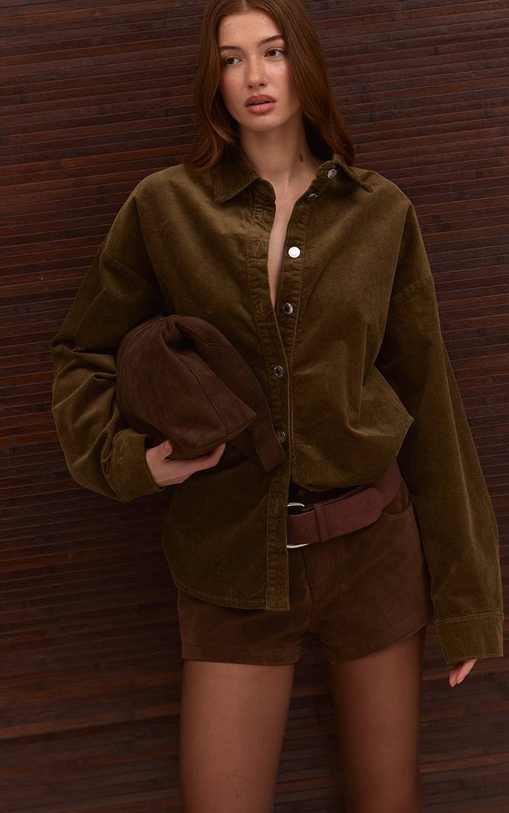 Vert Olive Chemise En Velours Côtelé Délavé