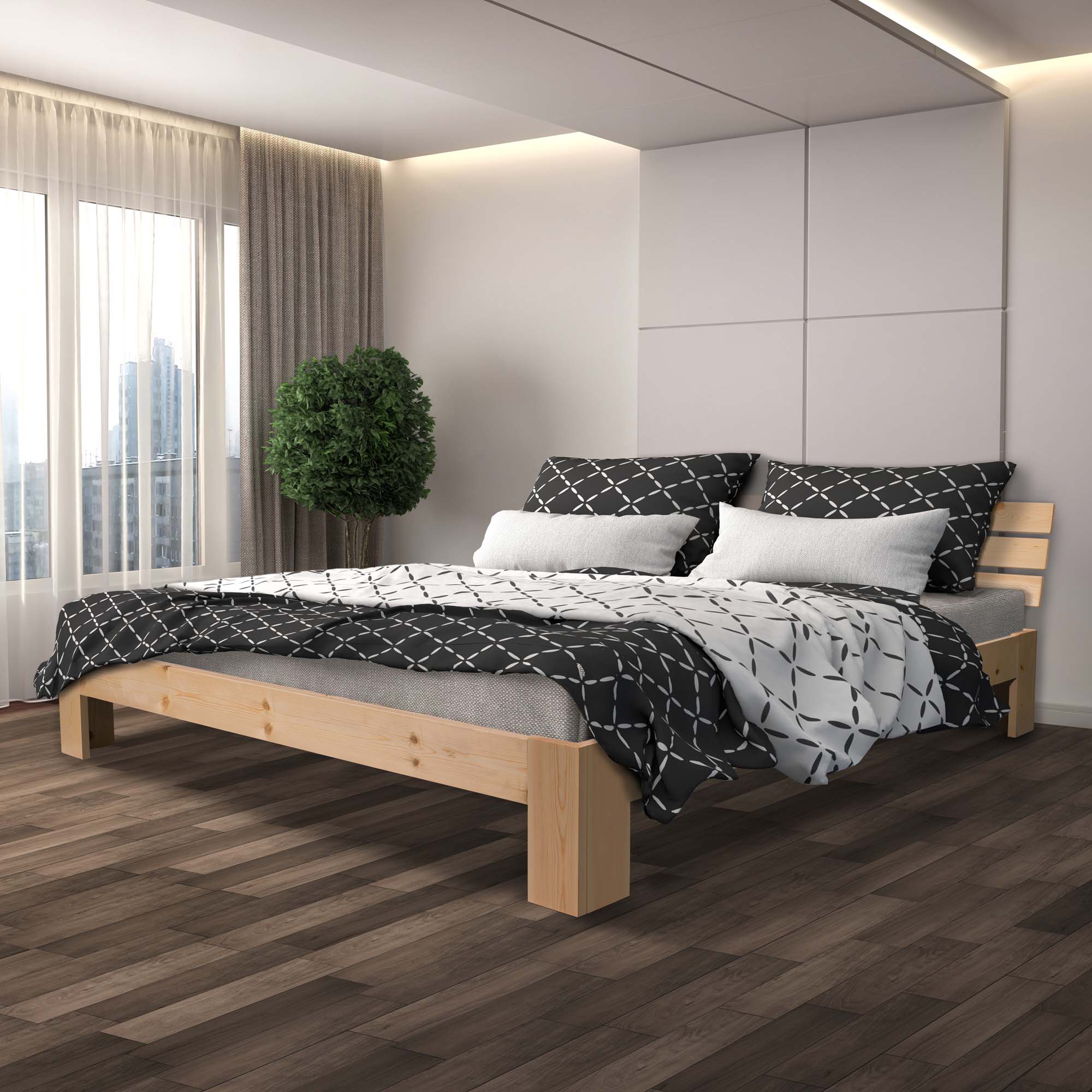 SANZARO Holzbett 140 x 200 cm - Massivholz Bett Kiefer Doppelbett Balkenbett Bettgestell Bettrahmen Lattenrost, Natur | Natur 140 x 200 cm