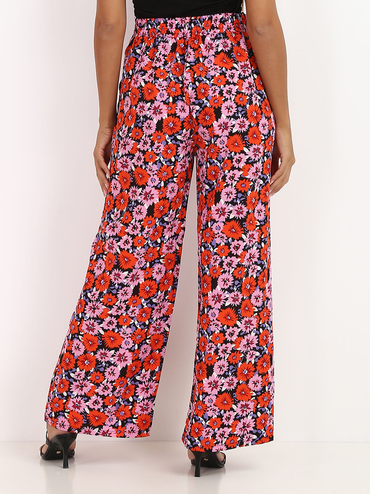 Pantalon fluide à fleurs- Noir