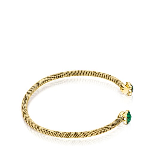 Pulseira estreita em aço com revestimento IP dourado e malha na cor malaquita.