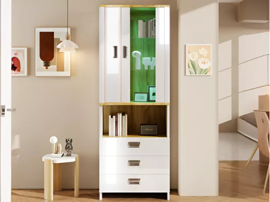 Vitrine H 180cm avec LED - 2 portes et 3 tiroirs - Blanc