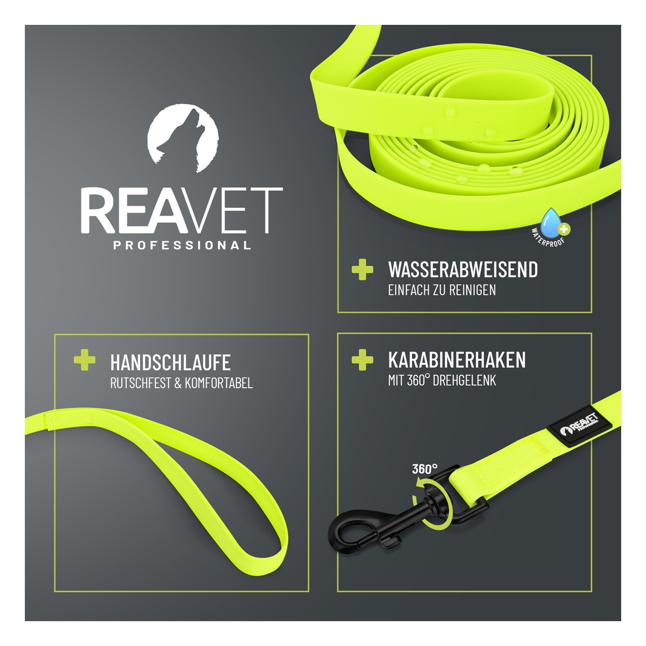 REAVET Schleppleine 15 Meter, Neon Gelb