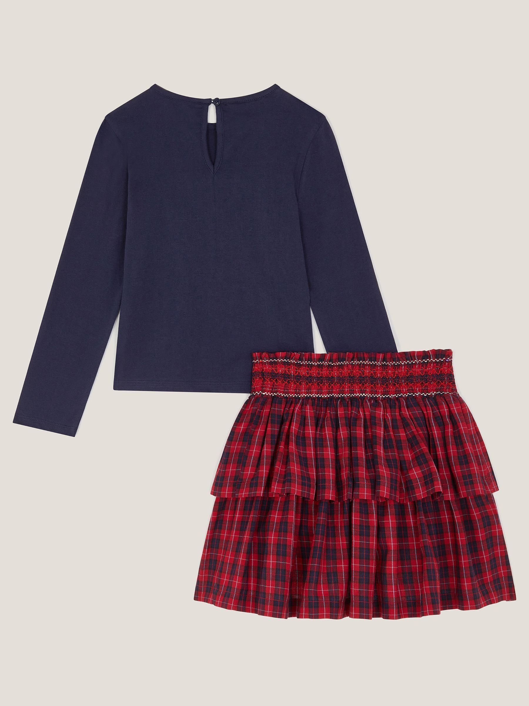Monsoon Bow Embellished Top & Tartan Skirt Set
