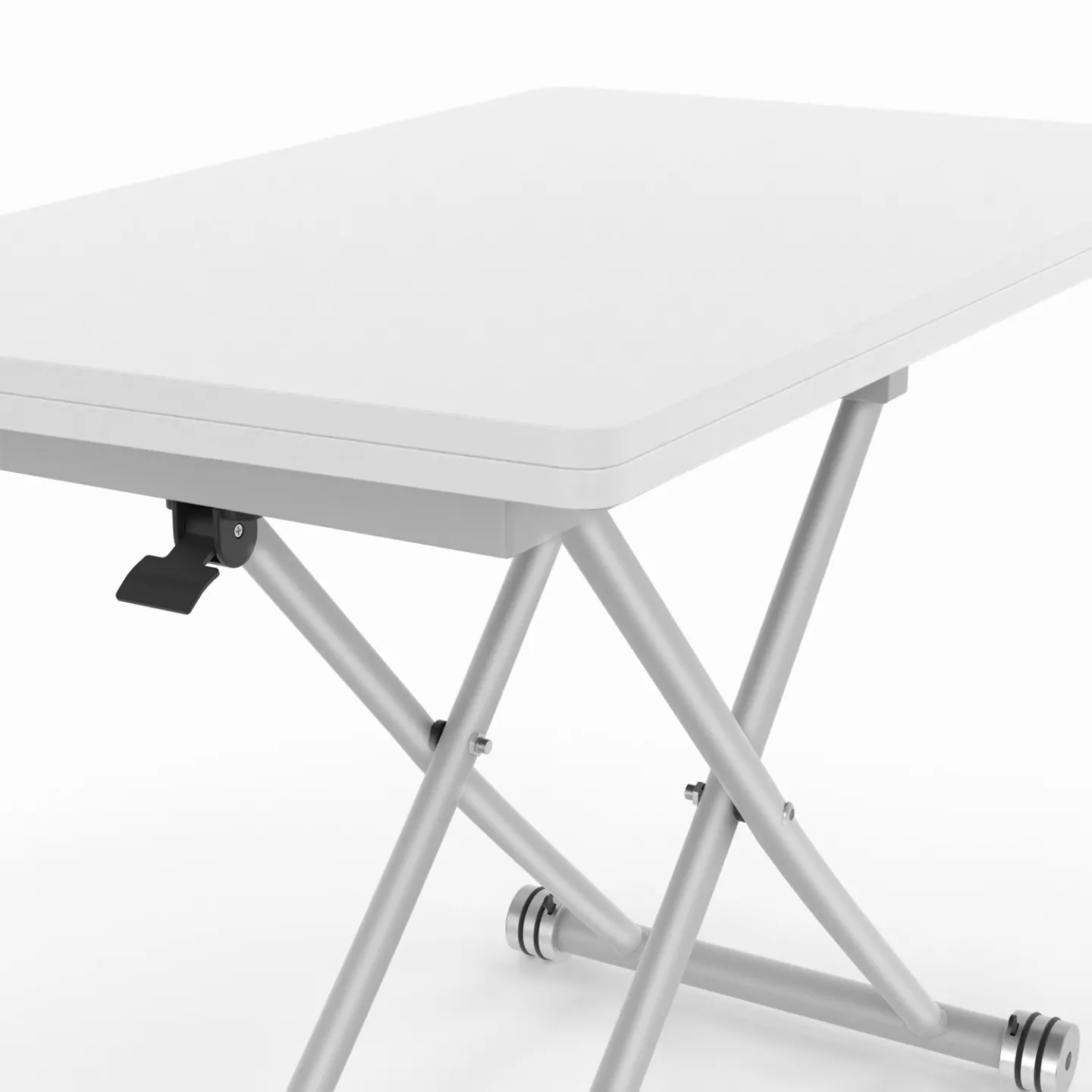Table basse 2-en-1 relevable en table à manger 6-8 personnes plateau portefeuille URBANA plateau blanc pied chrome