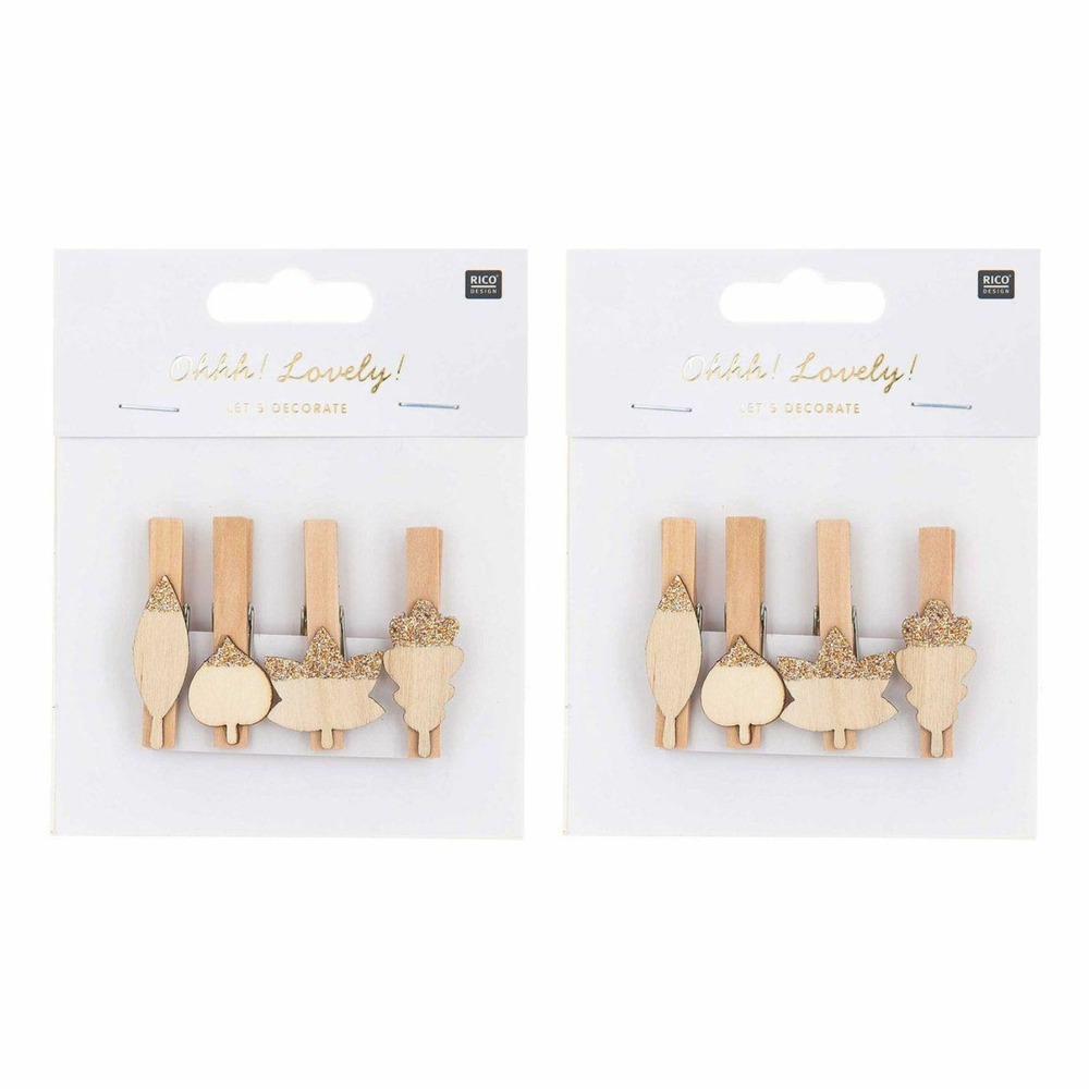 8 pinces clip en bois feuilles dorées 2,3 x 1,5 cm
