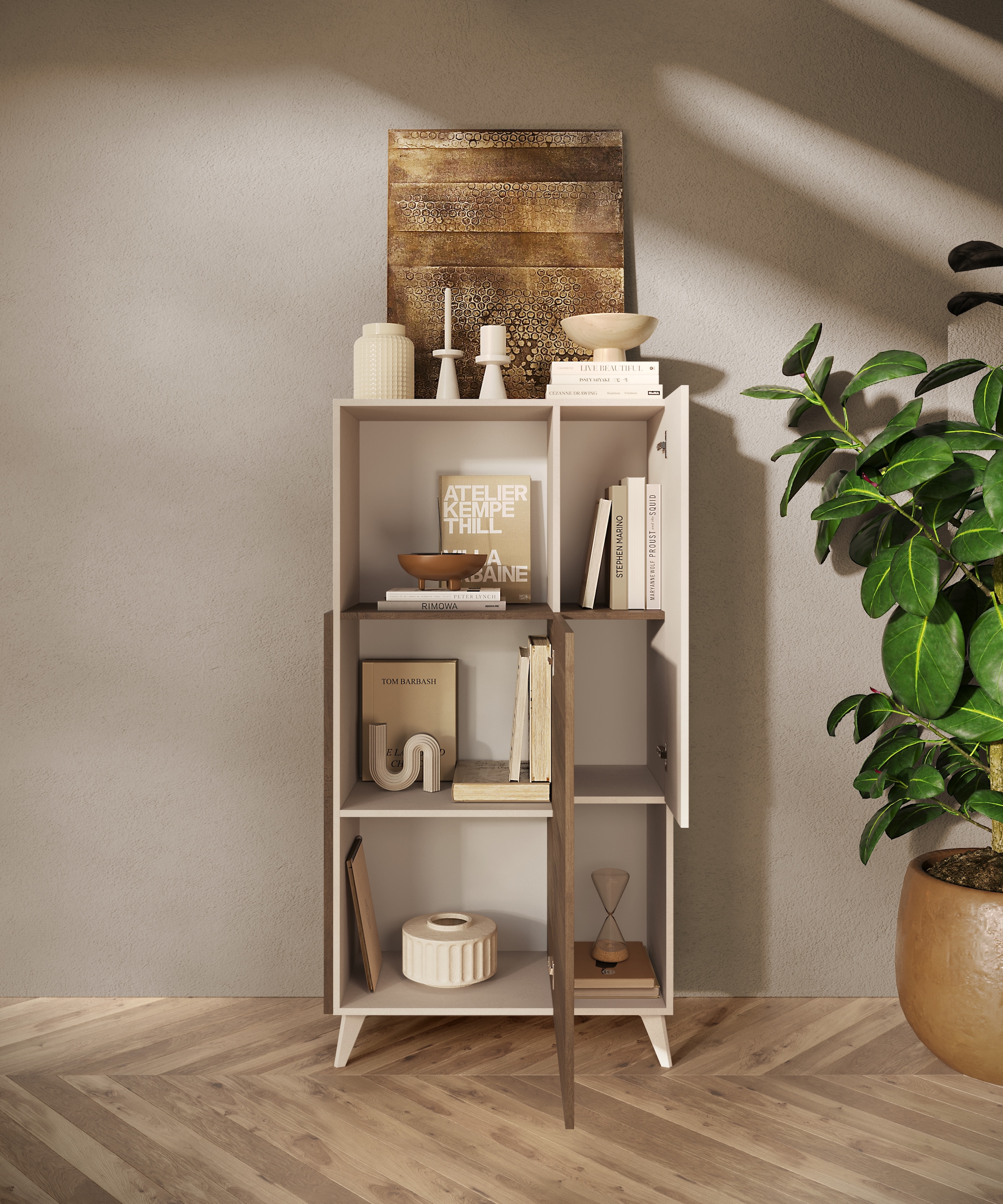 INOSIGN Highboard »Monaco Höhe 154 cm, Stauraumschrank mit 2 Türen (4 Fächer) und 2 offen« Hohe, schmale Kommode – sanftes Schliessen, edles Design, viel Platz