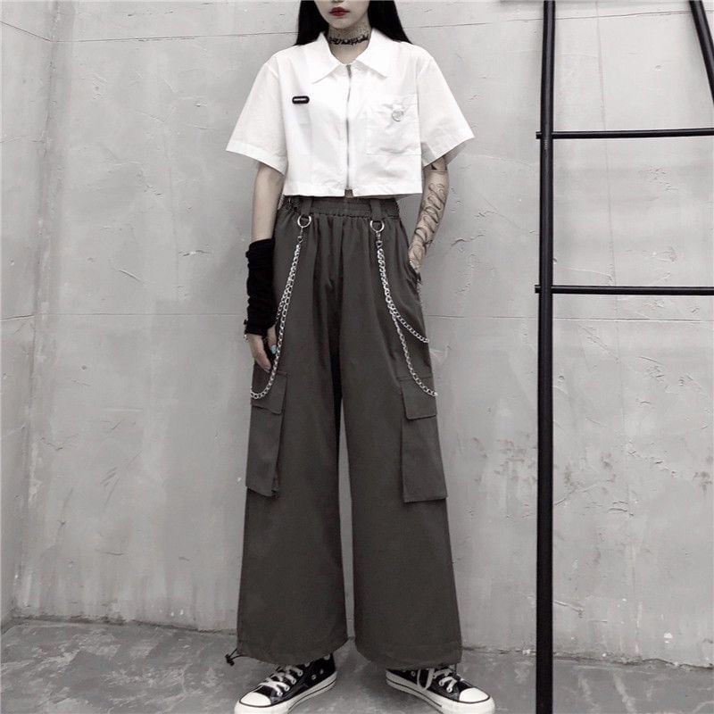 Malnia Home - High Rise Plain Wide Leg Cargo Pants / Short-Sleeve Crop Shirt / Chain / Set