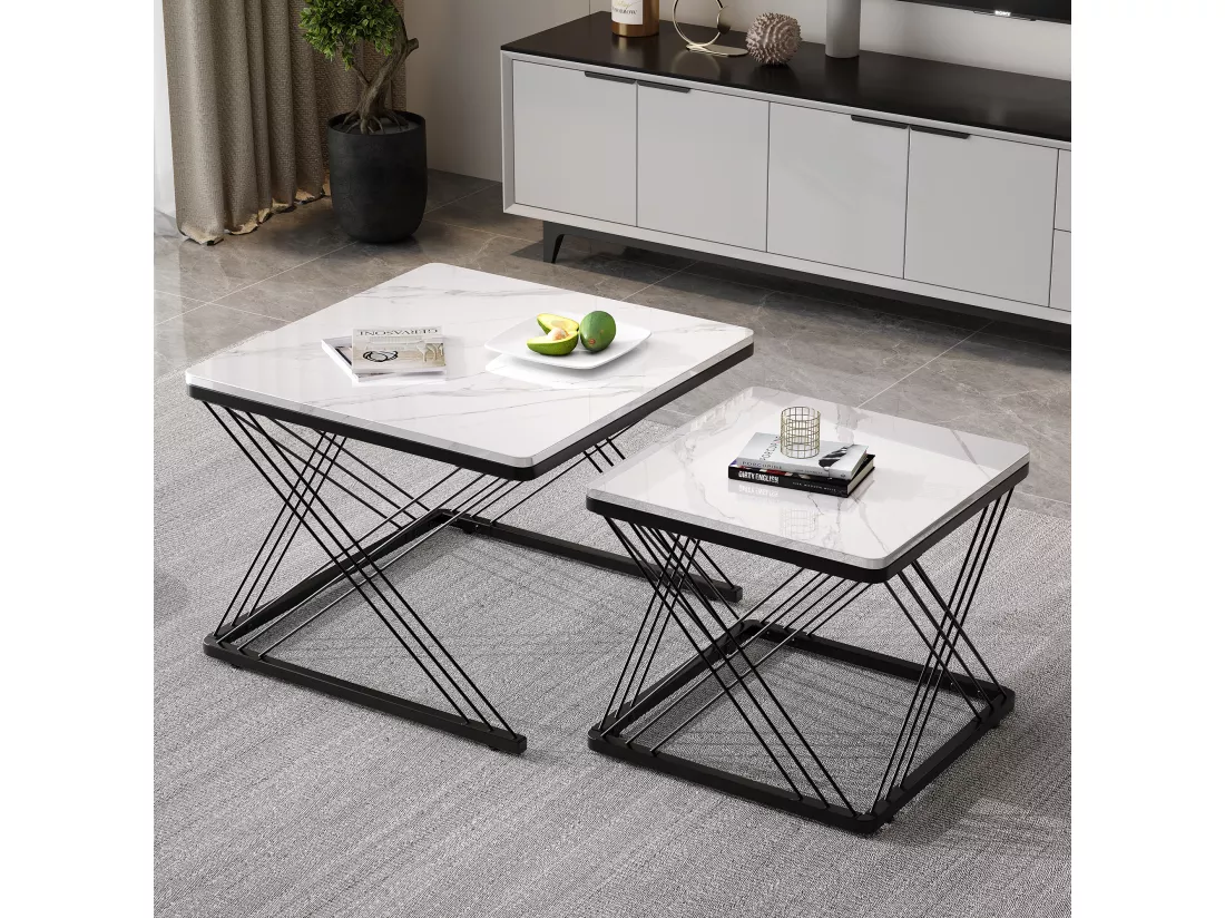 Ensemble de 2 tables basses gigognes élégantes effet marbre brillant AVEDS