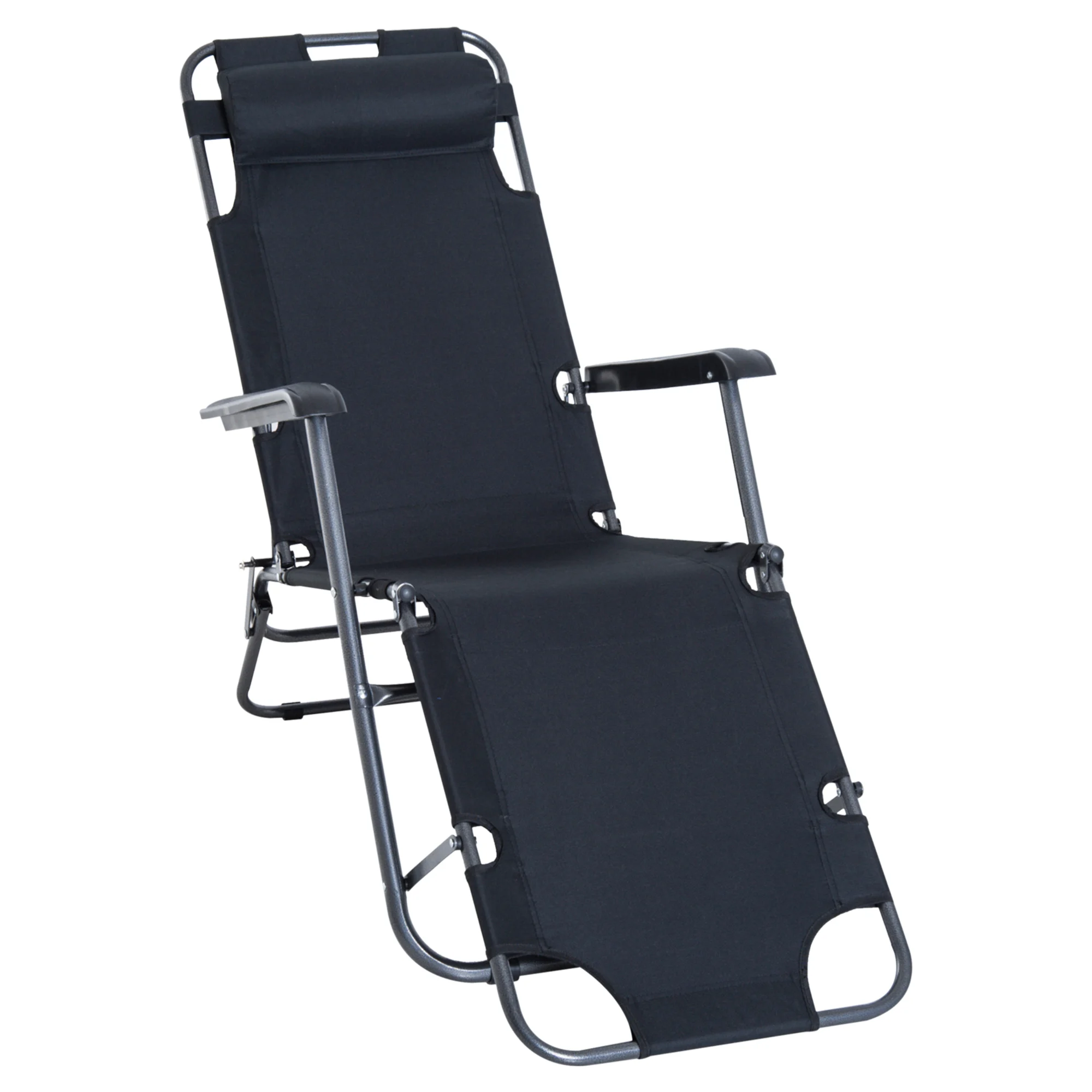 Cadeira de praia reclinável e dobrável Outsunny, espreguiçadeira relaxante com encosto ajustável, apoios de braço, almofada e apoio para os pés para jardim e varanda, capacidade de carga de 136 kg, 135 x 60 x 89 cm, preta.
