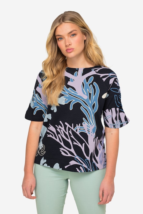 T-Shirt, Korallen-Print, Rundhals, Halbarm mit Raffung