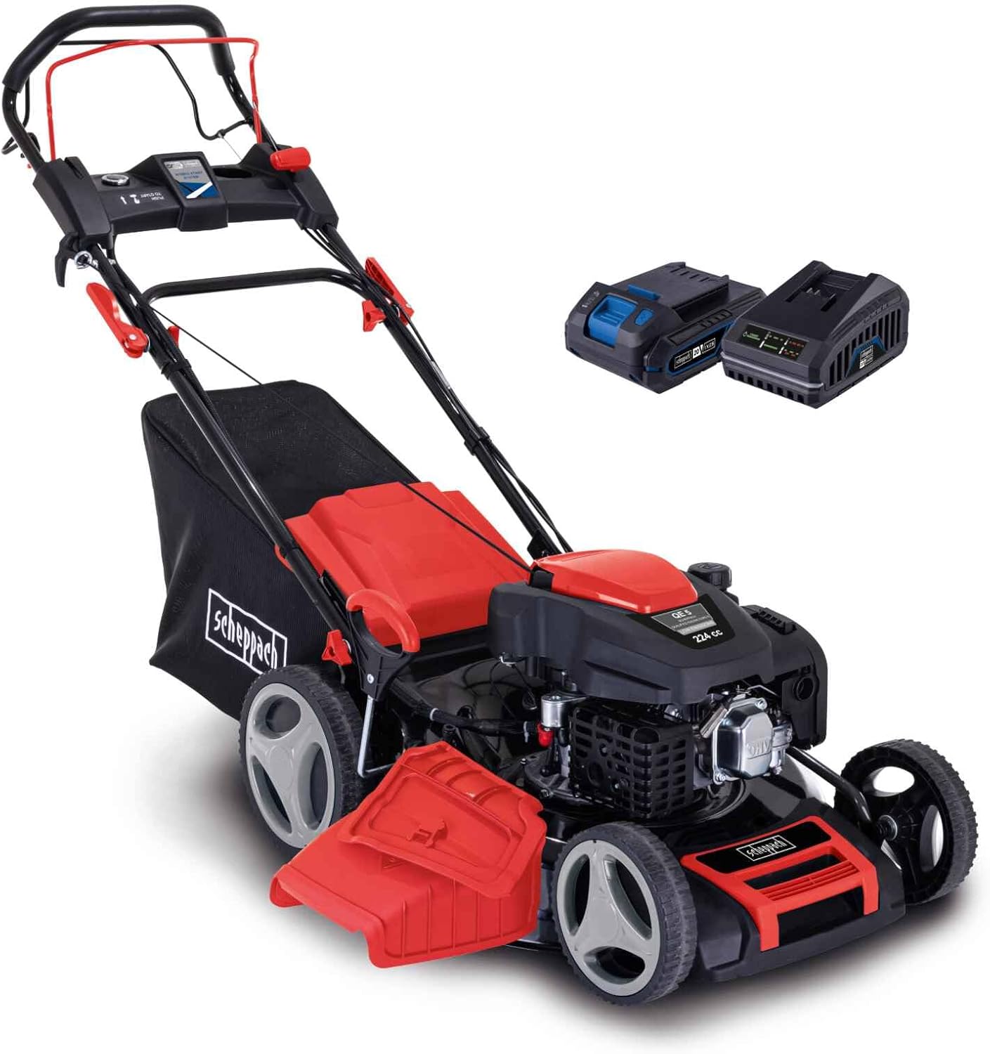 Scheppach MS225-53E VS Benzin Rasenmäher mit Antrieb & VarioSpeed - 6PS | E-Start | 53cm Schnittbreite | Reinigungsfunktion | 65 L Fangkorb | 7-stufige Höhenverstellung | Mulchfunktion | Seitenauswurf