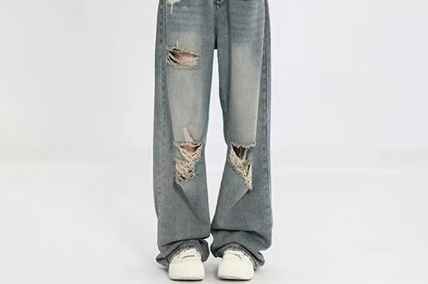 deersweeti - High Waist Washed Distressed Wide Leg Jeans