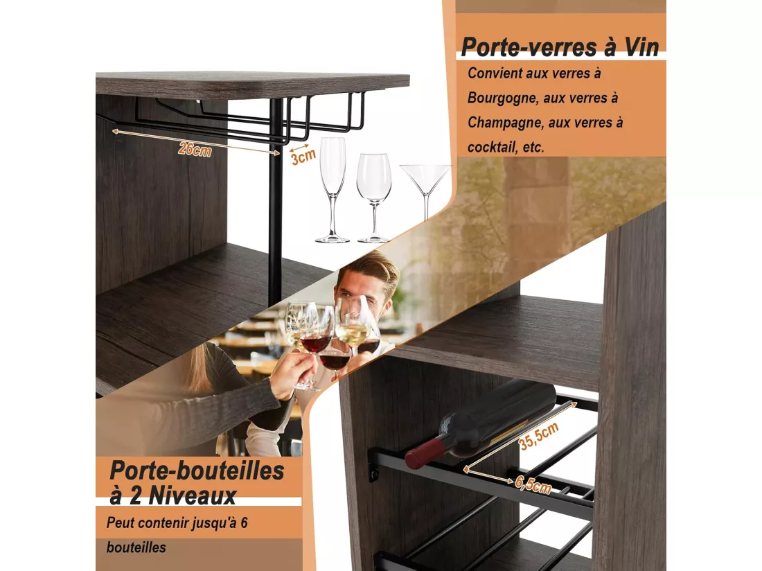 Table Haute avec Tabouret, avec Porte-Verre Porte-Bouteilles, Table de Bar avec Tabouret 2 Personnes Compact, Brun Rustique
