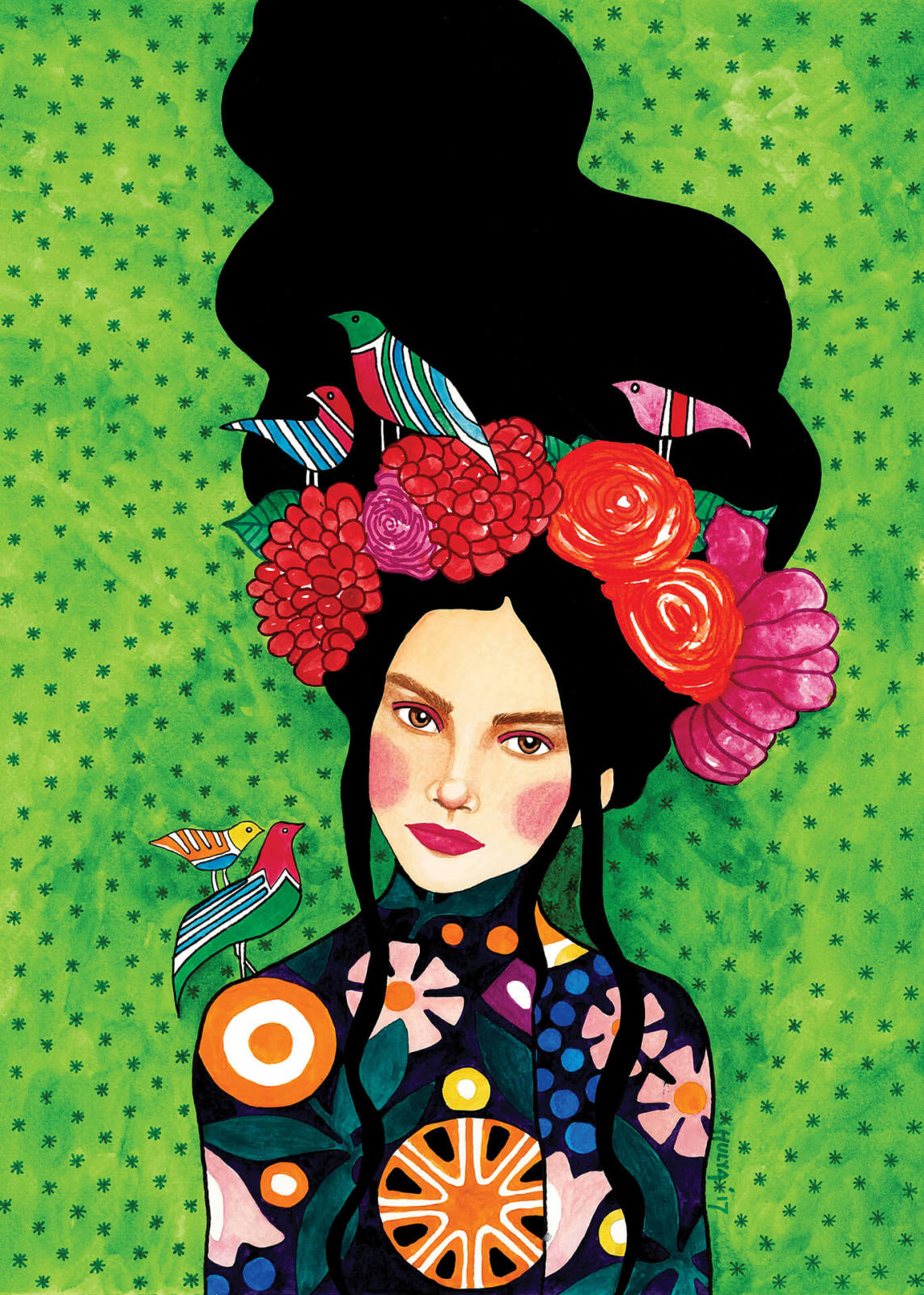 Leinwandbild BLUMENMÄDCHEN - grün-schwarz - 50x70 cm