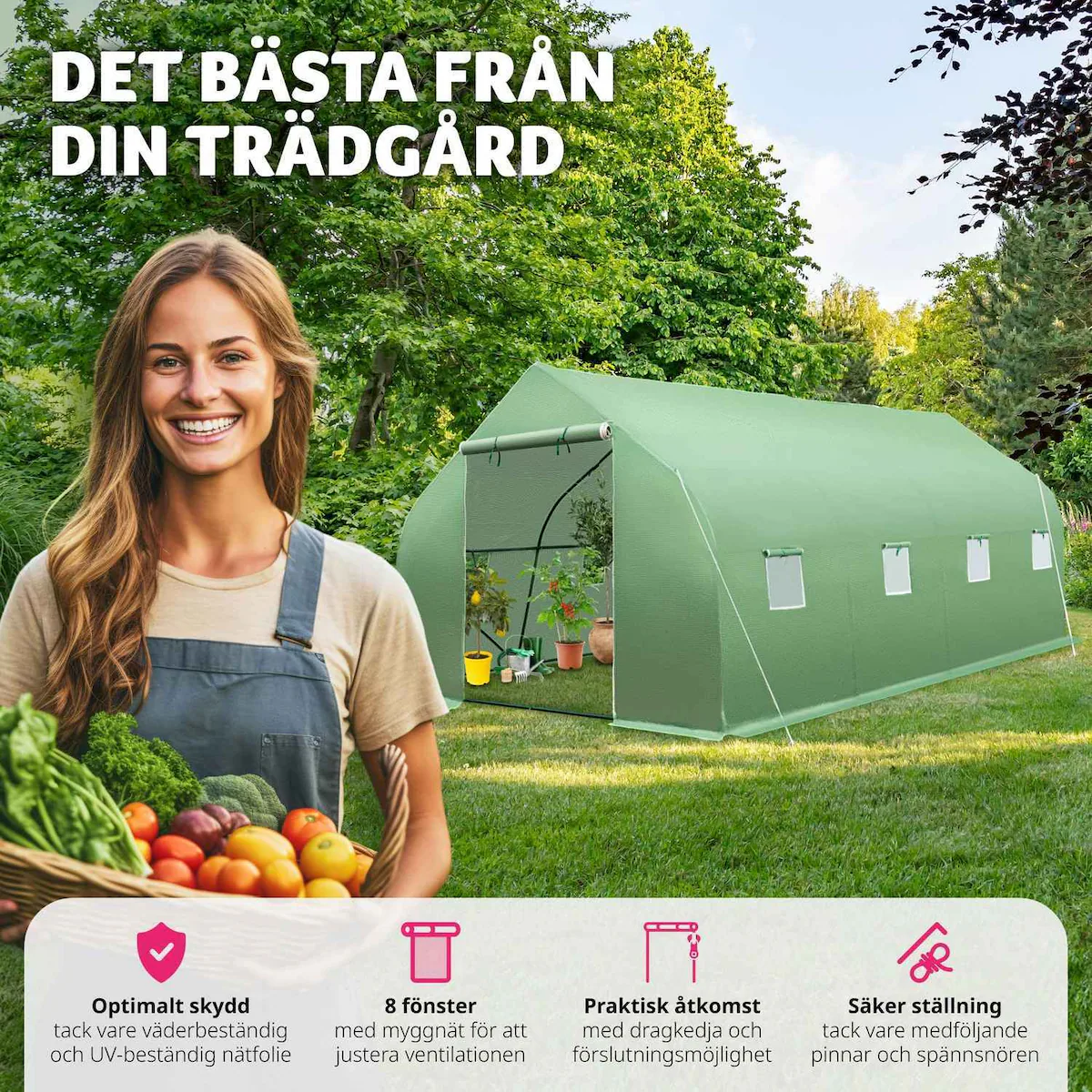Drivhus tunnel telt med 8 vinduer 600x300x205cm - grønn