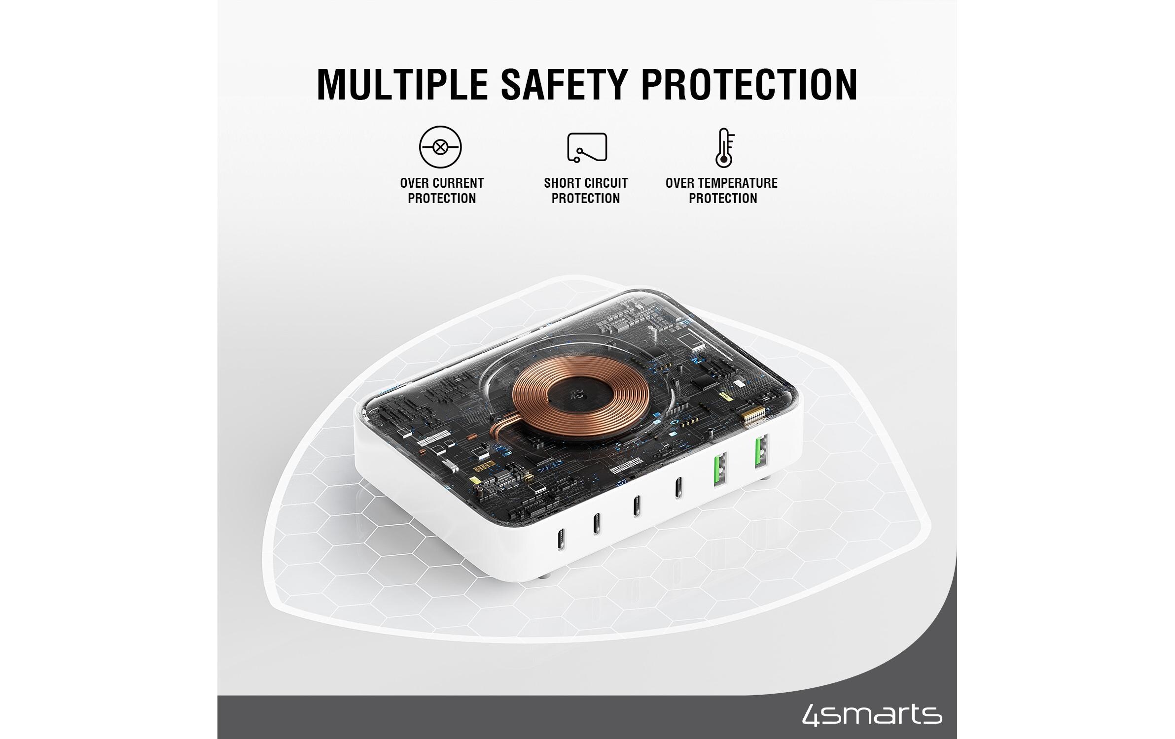 7in1 GaN Ladestation Weiss7-Port Ladestation mit Schnellladefunktion und integrierter kabelloser Ladefläche