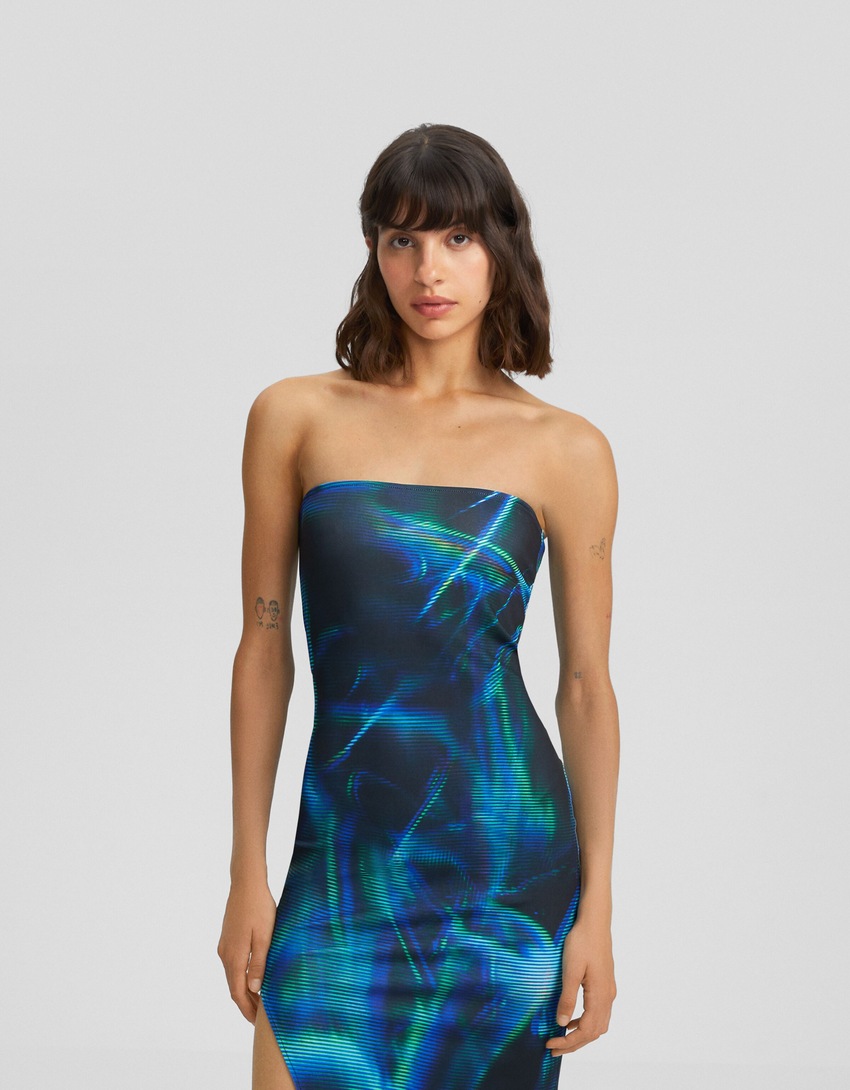 Vestido midi ombro a ombro com estampa