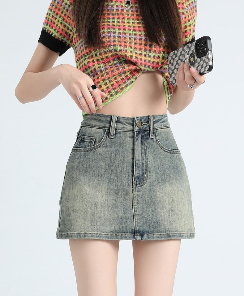Bolgivy - Mini-kokerrok van gewassen denim met hoge taille